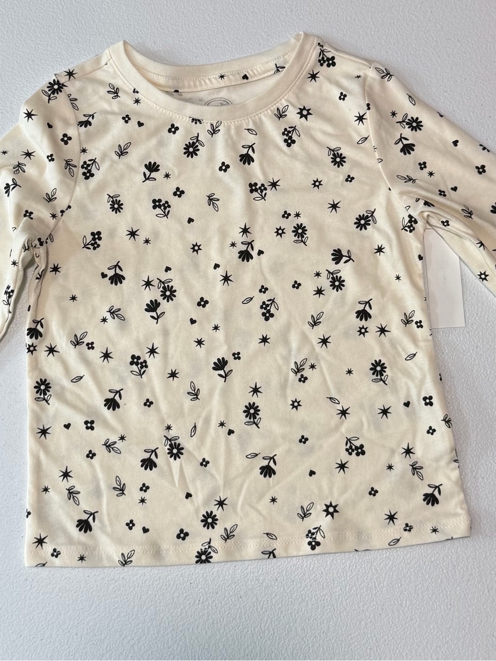 Kids Floral Print Long-Sleeve Top - Cream with Black